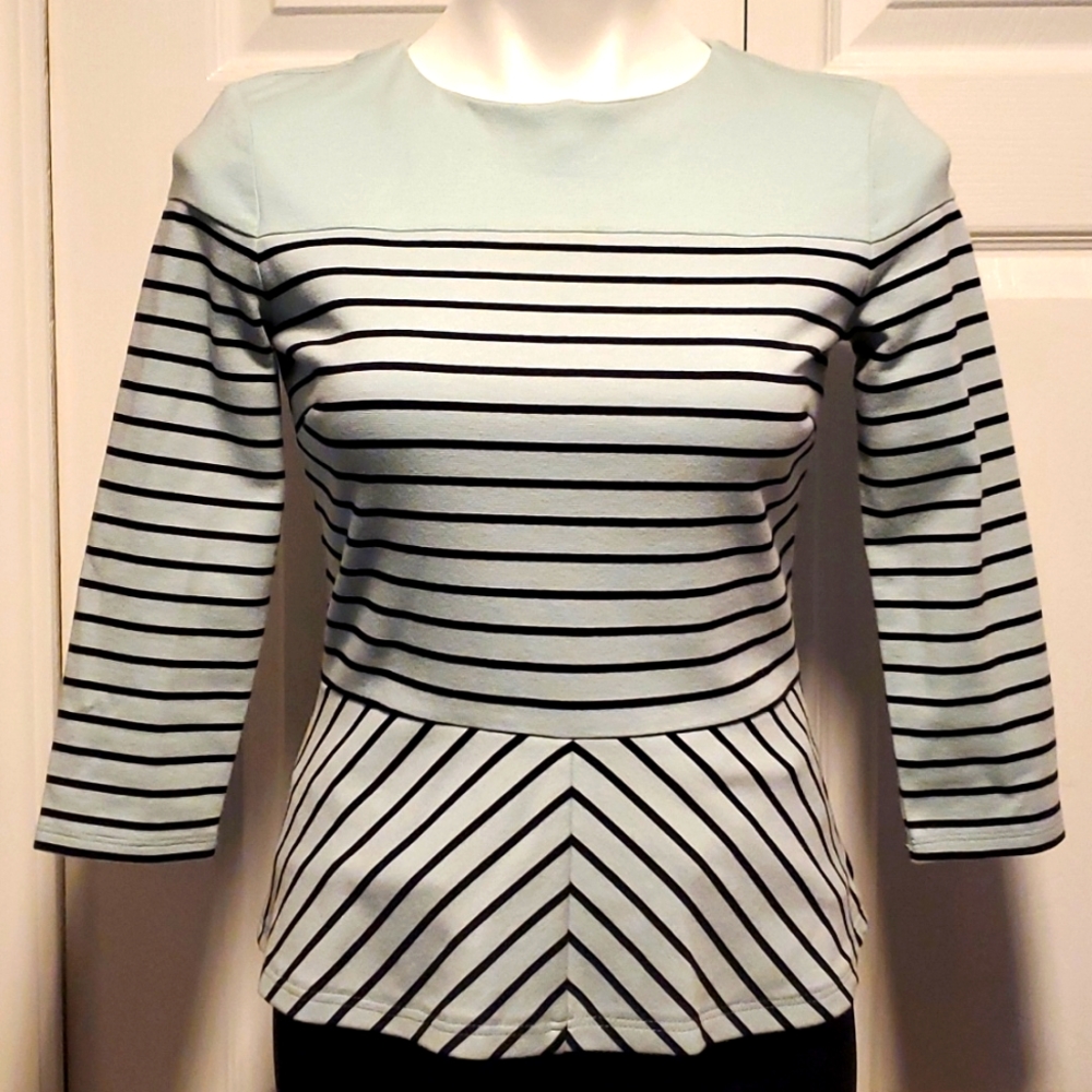 Talbots Petites Peplum Knit Women's Aqua Blue/Black Long Sleeve Top - Size 0P